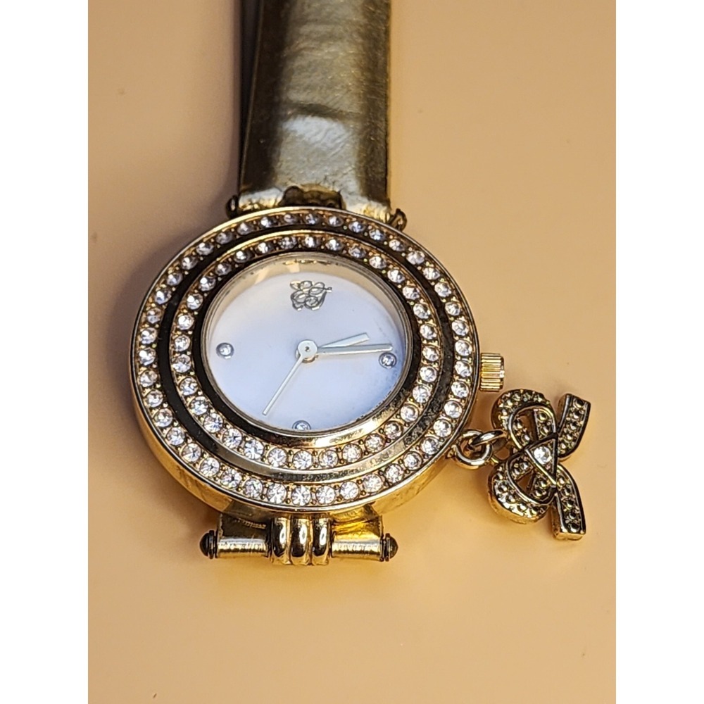 Vtg ELIZABETH TAYLOR White Diamonds Watch Bow Charm Gold Lame' Band CZ Encrusted
